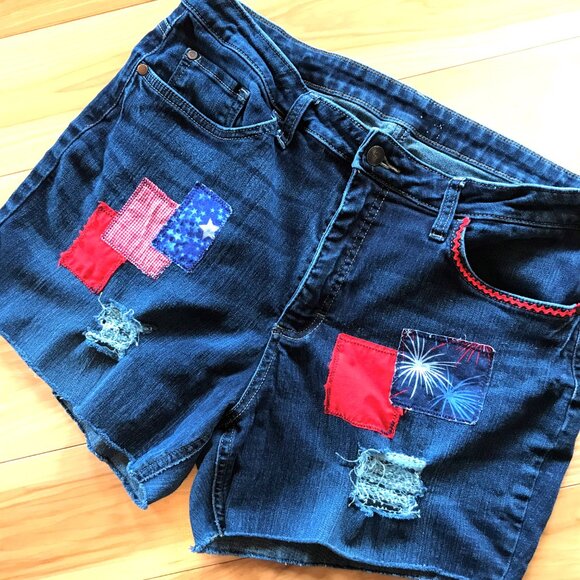 Upcycled Ripped Denim Cutoff Jean Shorts, Fireworks Patriotic Patchwork, Size 16 - Picture 9 of 13